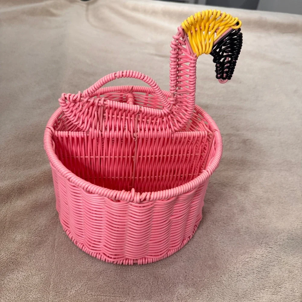 Tropical Pink Flamingo Wicker Basket Caddy Utensil Holder Organizer BBQ Kitchen